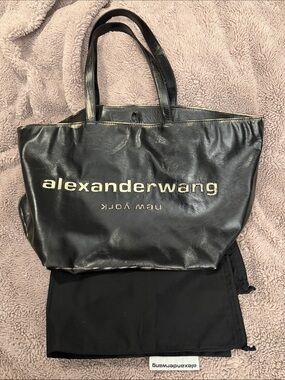 Alexander Wang Black Leather Logo Shopper Tote with Gold Accents